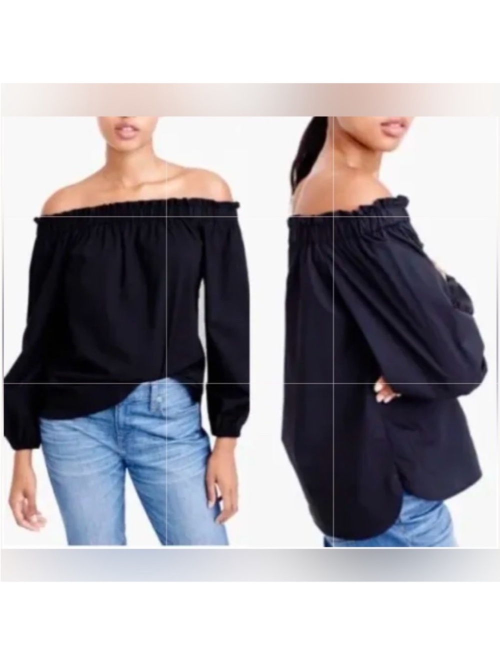 J.Crew Off the‎ Shoulder Puffy Sleeve Ruched Neck Cotton Black Blouse Women’s 6